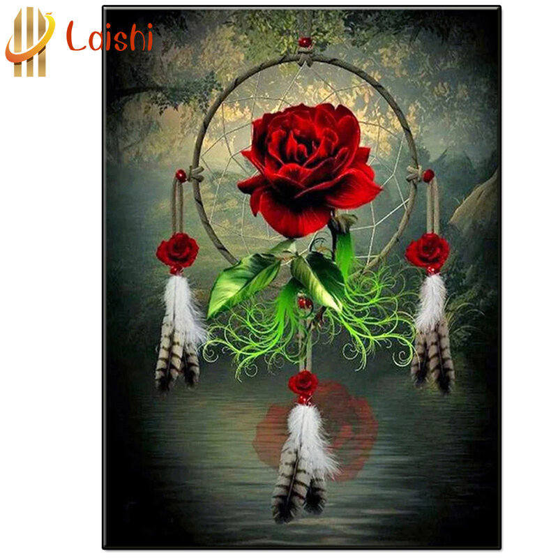 Dream Catcher karakter lingkaran penuh lukisan Berlian mosaik kruistik dekorasi rumah pasta dinding, bunga mawar merah, DIY