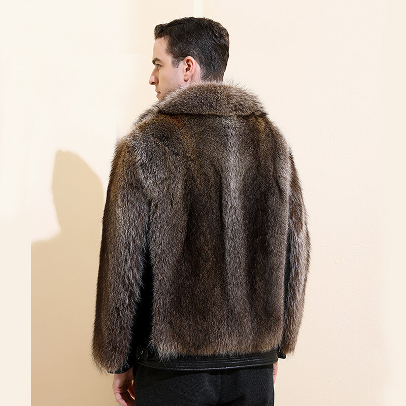 2021 luhayesa luxo guaxinim cão casaco de pele dos homens marrom real casaco de pele novo 100% genuíno fofo roupas de pele
