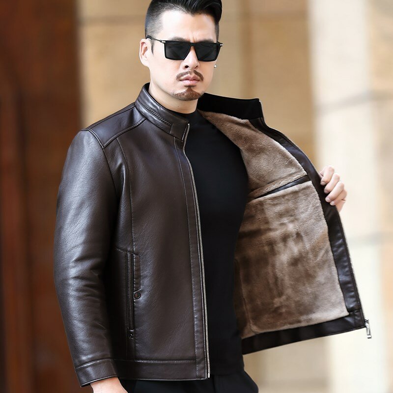 Jaqueta de couro natural masculina, gola alta, pele casual de negócios, forro de pelúcia super macio SE, jaqueta quente, YXL-221, 1 pc