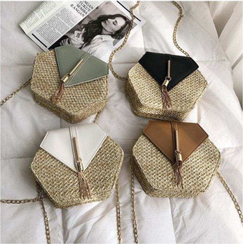 Hexágono multi-estilo de paja + bolso de cuero de las señoras de verano de ratán bolso de mano de playa circular bolso de hombro nueva moda