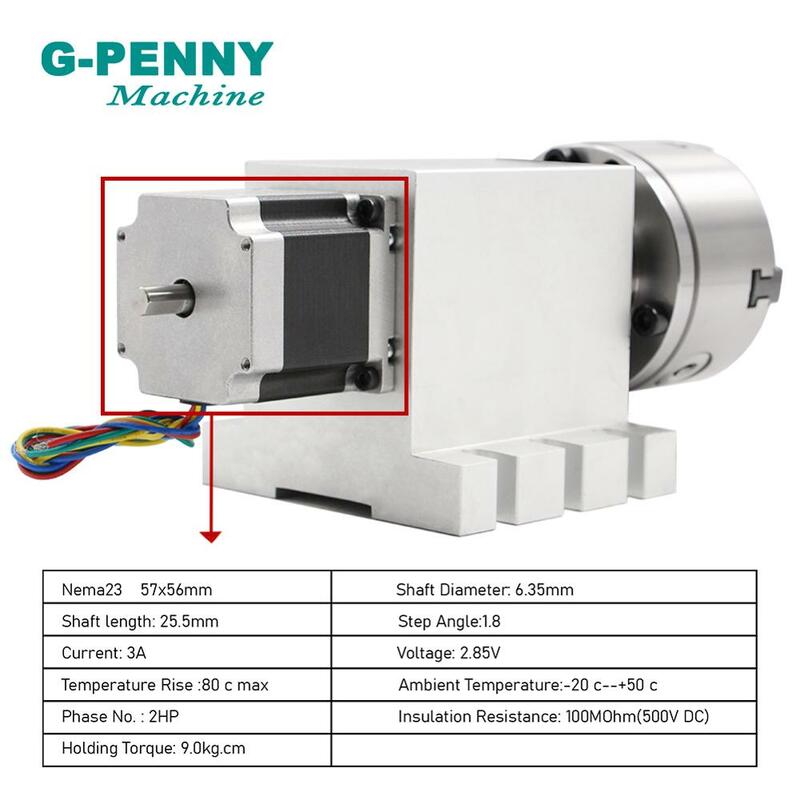 CNC 4 Jaw 80mm 4th Axis dividing head Rotation Gapless harmonic gearbox reducer A axis Nema23 motor for CNC woodworking machine