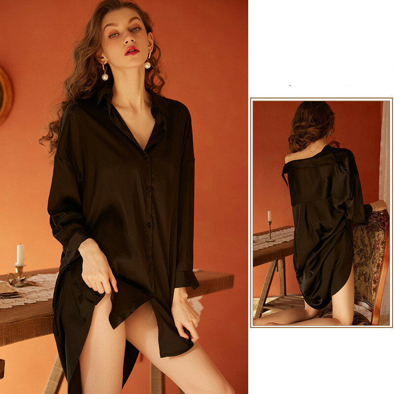 Fdfklak ยุโรปสไตล์ใหม่ Nightgowns ผู้หญิงเซ็กซี่ V คอผ้าไหมซาตินชุดนอนชุดนอนชุดหลวมปุ่ม Ladie 'S Nightshirt
