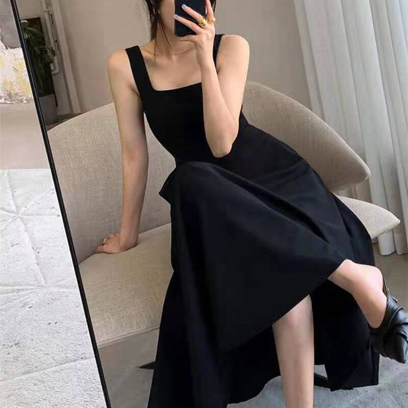 블랙 여성 조끼 드레스 2022 여름 느슨한 얇은 섹시 매혹적인 캐미 파티 드레스 복장 한국 패션 우아한 의류