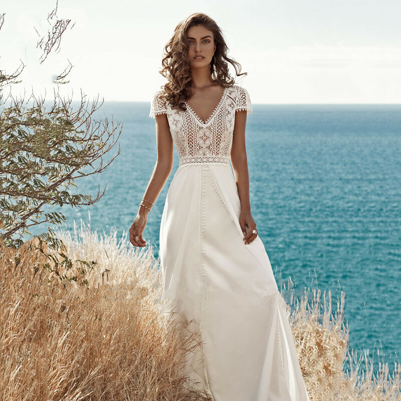Женское шифоновое свадебное платье с V-образным вырезом и открытой спиной