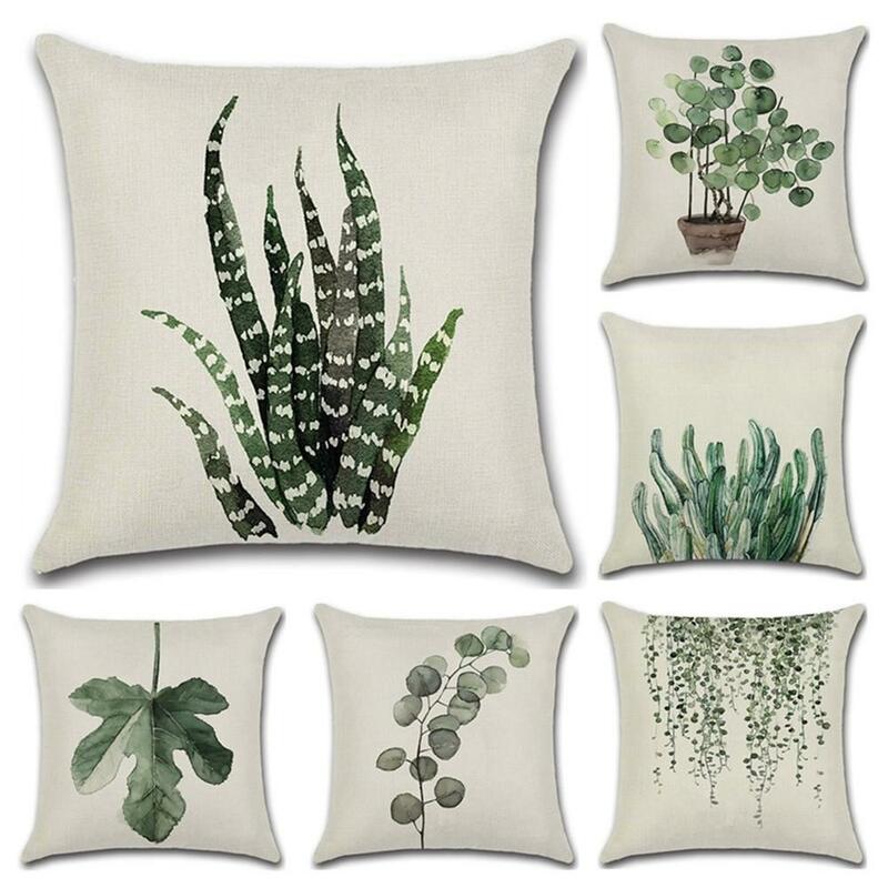 Funda de cojín de hojas verdes, cubierta decorativa de planta para sofá, de lino y algodón, almohada
