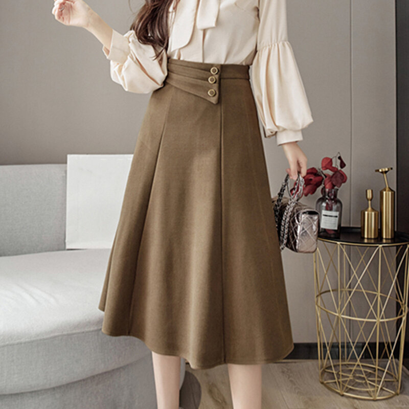 Frauen Koreanische Mid-Kalb Röcke Damen Herbst Mode Lässig Hohe Taille A-linie Rock Buttons Solide Dünne Röcke Streetwear Weibliche