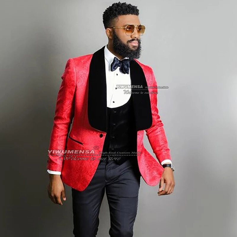 Red Jacquard Suits Men For Wedding Black Velvet Lapel Jacket Vest Pants 3 Pieces Groom Tuxedos Business Man Dress Costume Homme