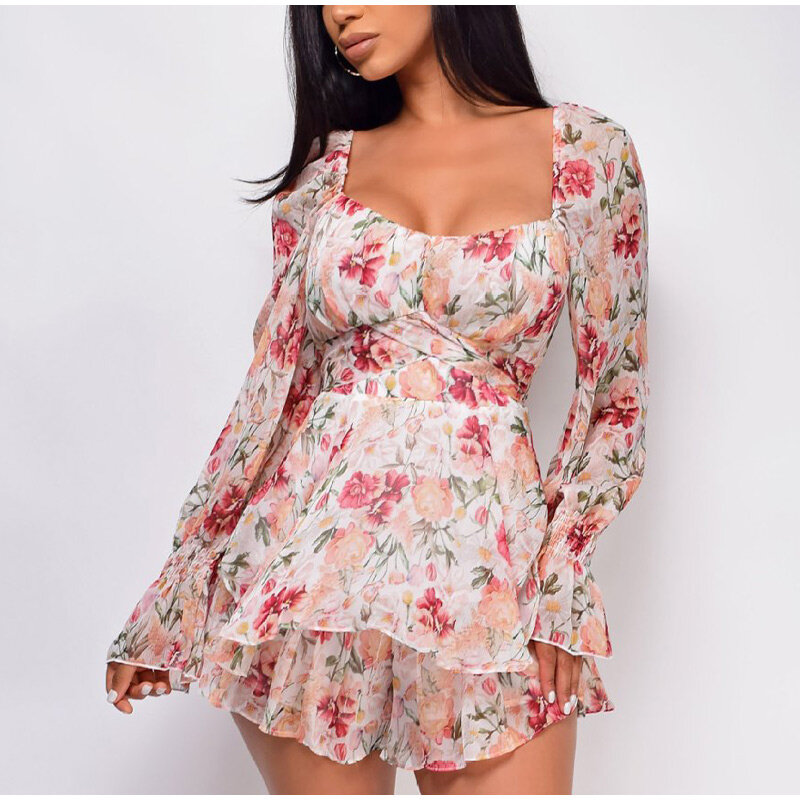 hirigin Summer Women's Jumpsuit Long Sleeves Lace Up Ruffle Floral Print Romper Female Playsuit 2021 Sweet Square Collar Outfits