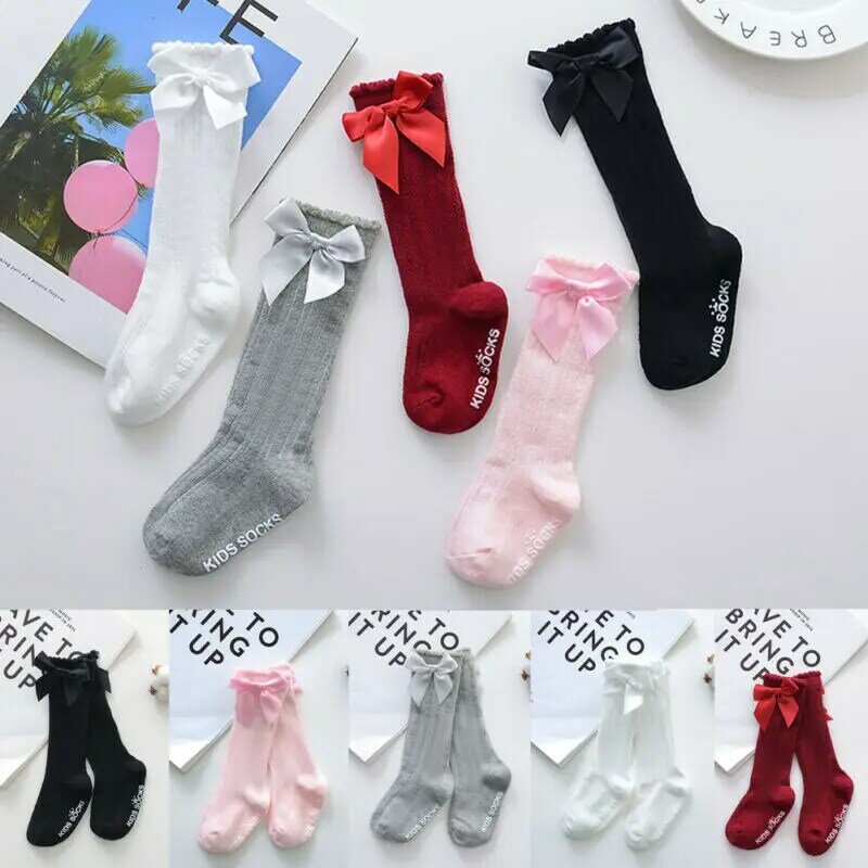Детские носки принцессы длинные мягкие хлопковые нескользящие носки до колена с большим бантом для девочек на Рождество и зиму, кружевные детские носки, 100% хлопок