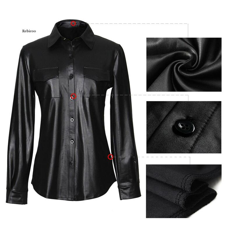 V-hals Button Vrouwen Lederen Blouse Shirt Lange Mouw Zwart Rood Turn-Down Kraag Streetwear Herfst Dames Top Shirt