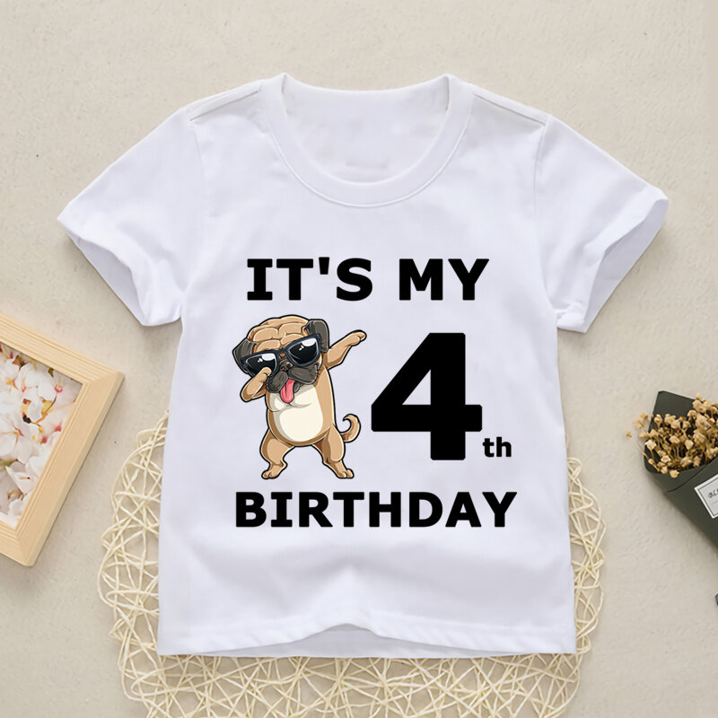 Dziecko szczęśliwy numer urodzinowy 1-10 list drukuj T Shirt dziewczyny chłopcy psy śmieszny T-shirt ubrania letnie słodkie krótkim rękawem, YKP021