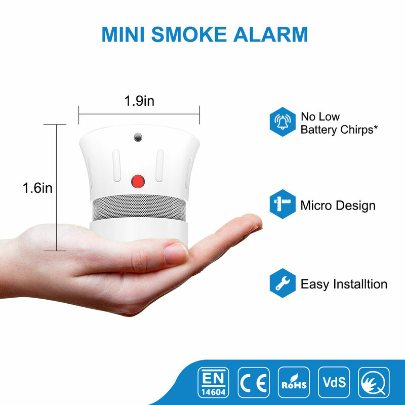 CPVan-Mini Detector de humo FSD001, 8 unidades/lote, batería de 5 años EN14604, Sensor de humo certificado CE, alarma contra incendios, alerta de batería baja