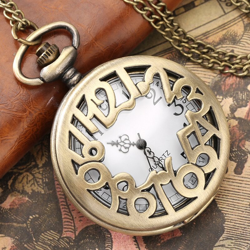 Design criativo colar oco pingente digital branco retro bronze numerais árabes irregulares relógio de bolso de quartzo fob clock chain