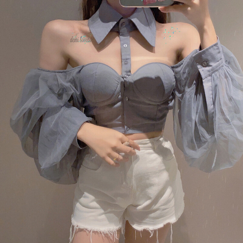 Wanita Mesh Sheer Blouse See-Through Lengan Panjang Crop Top Single-Breasted Shirt Blus Fashion Backless Seksi Kemeja wanita