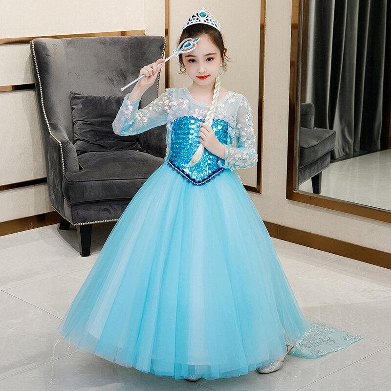 VOGUEON Luxury SequinsชุดสาวSnow Queen Elsaเครื่องแต่งกายวันเกิดปาร์ตี้แฟนซีคอสเพลย์เจ้าหญิงVestido Elzaเสื้อผ้าเด็ก