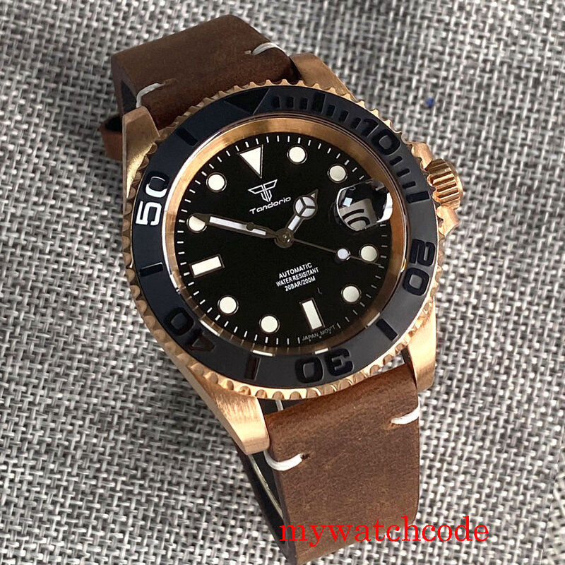 Tandorio 40mm NH35A solidny prawdziwy Cusn8 brązowy automatyczny zegarek męski szafirowy kryształ 200m wodoodporny 120 kliknięć obrotowy Bezel