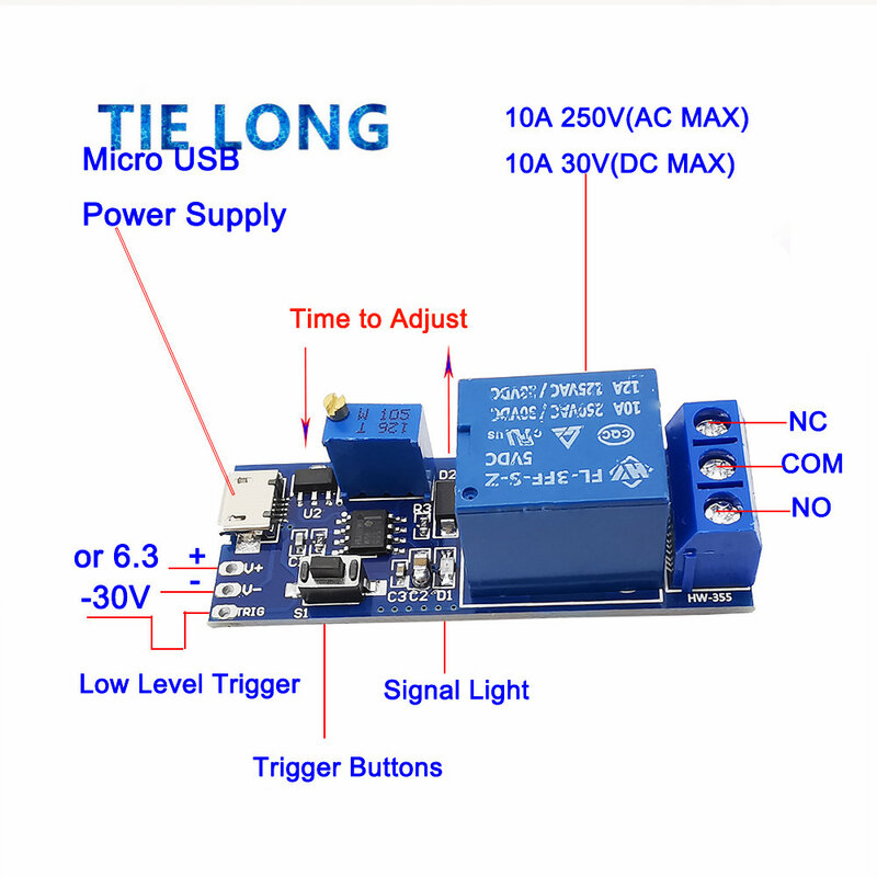 Smart Electronics Control Module Trigger Vertraging Schakelaar 5V-30V Micro Usb Power Verstelbare Vertraging Relais Timer