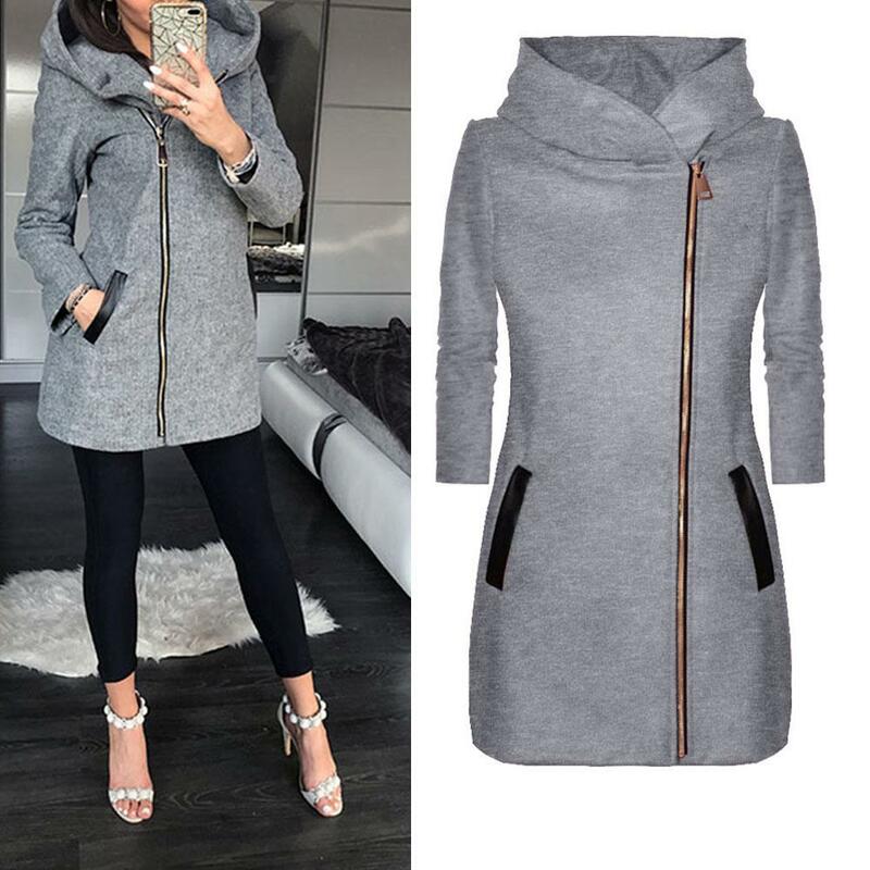 Venda quente inverno quente jaqueta feminina manga longa zip bolso com capuz jaqueta casual fino contraste de couro