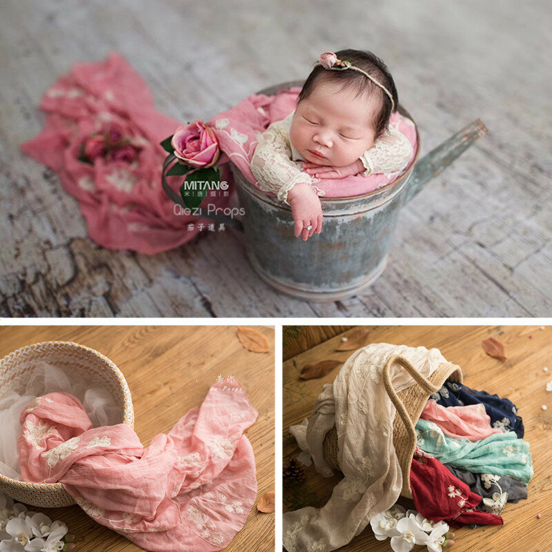 Newborn fotografia adereços menina rosa flor algodão linho envoltório bordado cobertor foto do bebê fundo accessoires