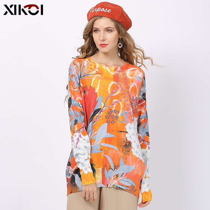 Xikoi Fashion Print Trui Voor Vrouwen Winter Oversized Trui Herfst Lange Mouwen O-hals Jumper Gebreide Pull Femme Plus Size