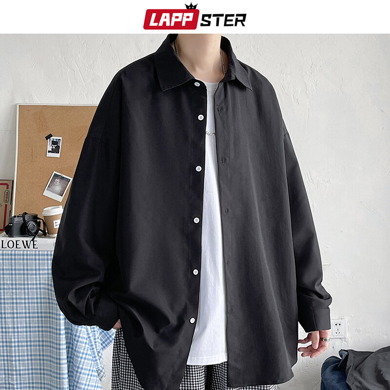 LAPPSTER Men Korean Fashion White Long Sleeve Shirts 2023 Mens Harajuku Black Oversized Shirt Male Button Up Shirts Blouses 5XL