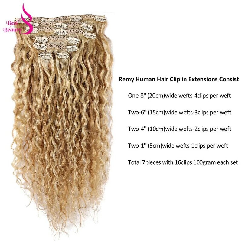 Real Beauty 18 "brazylijski P27/613 Blond wody fala klamerka w ludzkich kawałki włosów Remy kręcone ludzki włos klip na przedłużanie włosów
