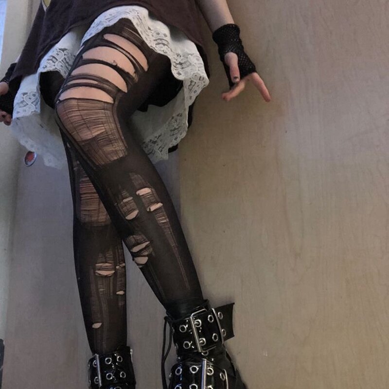 E-girl gótico diy rasgado collants sexy mulher fishnet calças de fundo preto feminino oco para fora roupa interior de malha