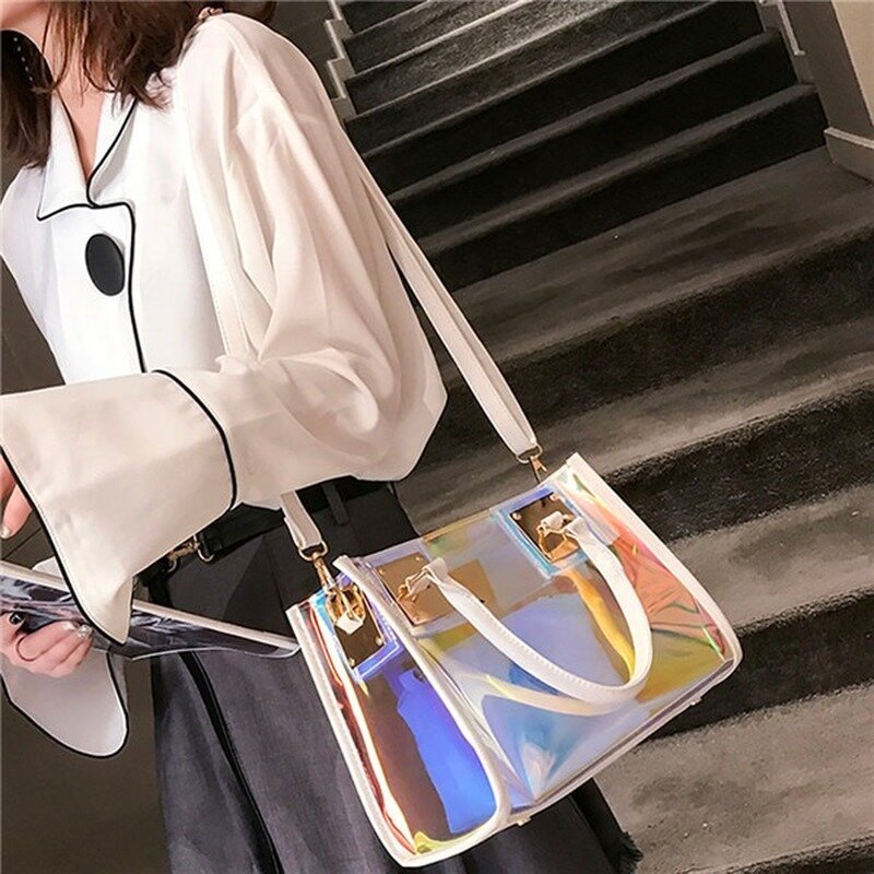Transparent Bag PVC Clear Multi-Function Color Messenger Bag Women Zipper Satchels Handbag Girl Laser Shoulder Bag Luxury Bolsas