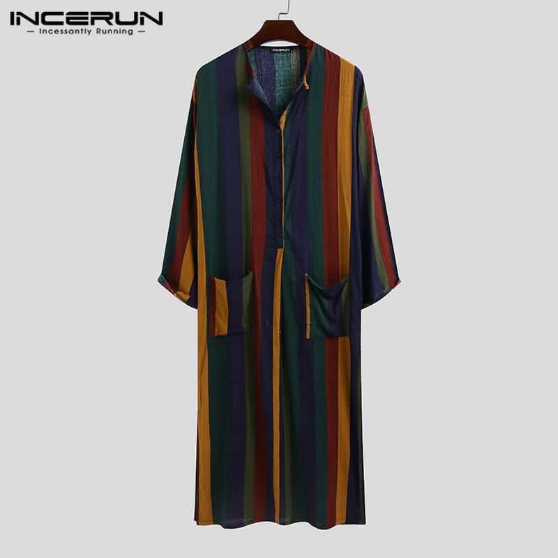 INCERUN Men Ethnic Robe Vintage Striped Long Sleeve Muslim Kaftan Robe O Neck Buttons Jubba Thobe Pockets Dubai Arabic Clothing