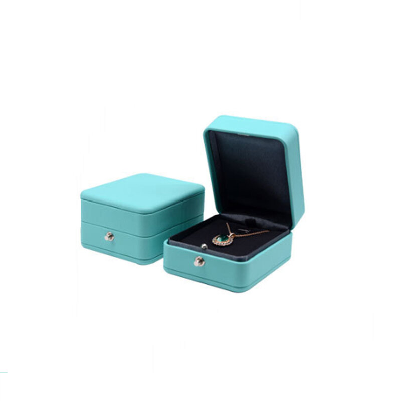 Romântico azul couro jóias caixa de presente anel caixa de colar caixa de embalagem anel de armazenamento organizador casamento proposta