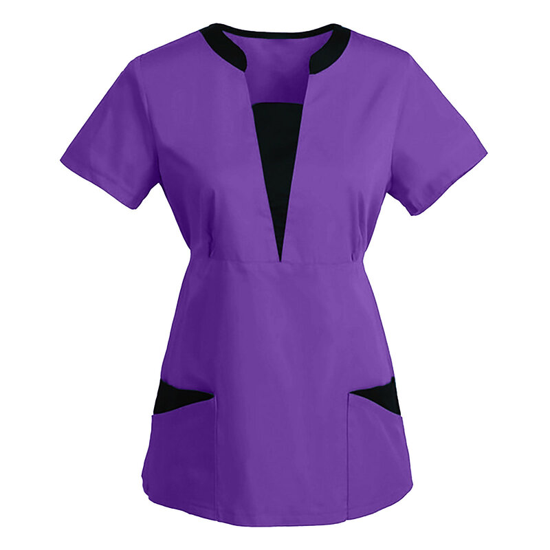 여성용 반팔 브이넥 작업복 상의, 간호 유니폼, 단색 패치워크 컬러 포켓 블라우스, 간호사 작업복 액세서리