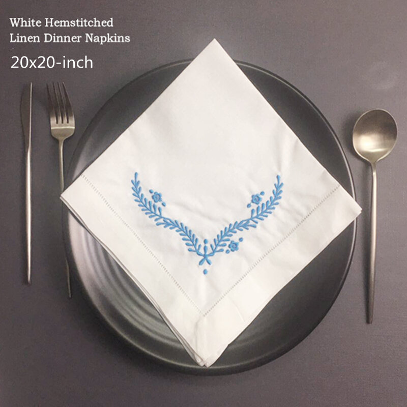 Juego de 12 pañuelos servilletas de cena con dobladillo borde blanco paño Faabric de lino servilleta de mesa bordada Floral 20x20 pulgadas