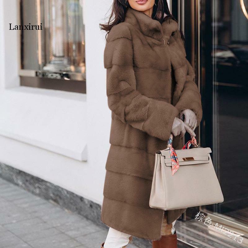 Winter Women High Quality Rabbit Faux Fur Coat Pink Long Fur jacket Loose Lapel OverCoat Thick Warm  Female Plush Coats