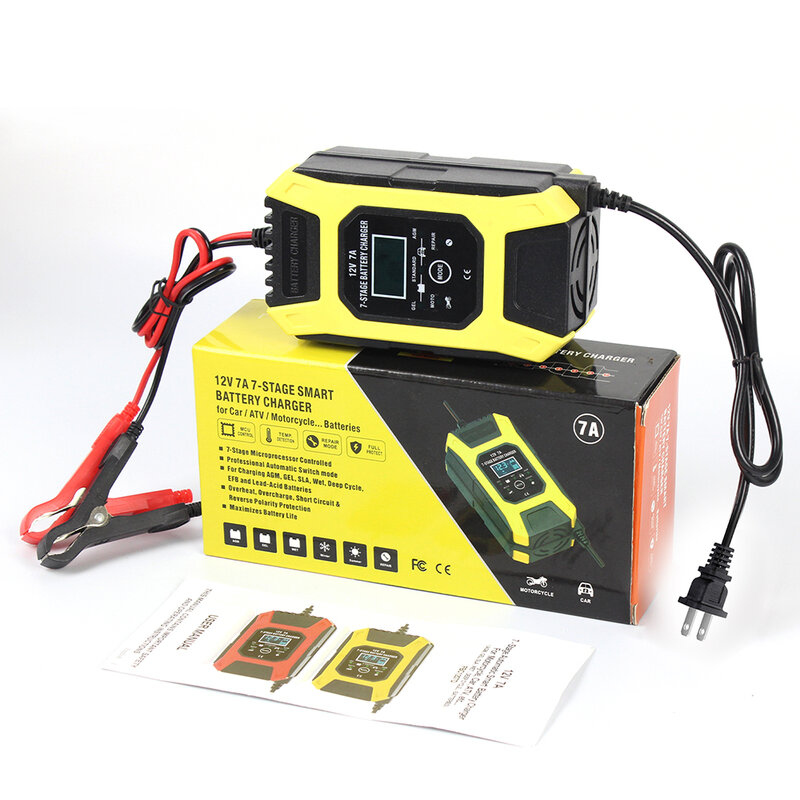 FOXSUR-Chargeur de batterie automatique intelligent, 12V, 7A, voiture, moto, AGM, plomb-acide, gel, humide, impulsion, 7 étapes, LCD, mainteneur et déLongues ateur