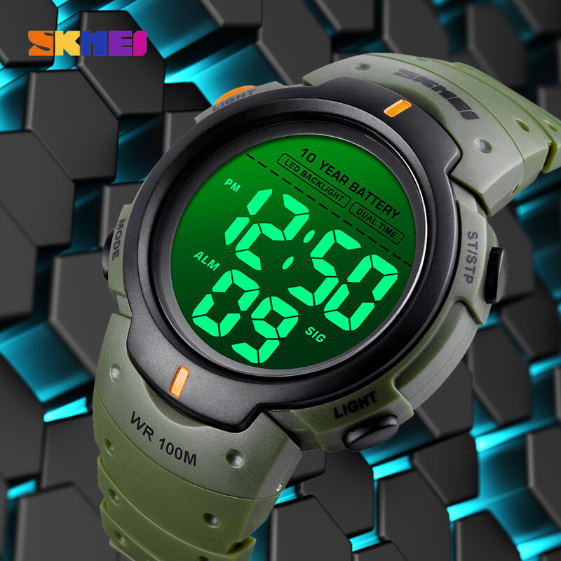นาฬิกาข้อมือ SKMEI Digital นาฬิกาผู้ชายแฟชั่นกีฬากลางแจ้งจอแสดงผลสัปดาห์วันที่12/24H 100M กันน้ำนาฬิกาข...