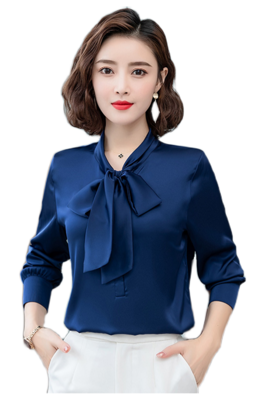 Elegancka, jasna kolorowa kokarda satynowa jedwabna damska bluzka z długim rękawem moda koreańska biurowa, damska koszula do pracy podstawowe bluzki damskie