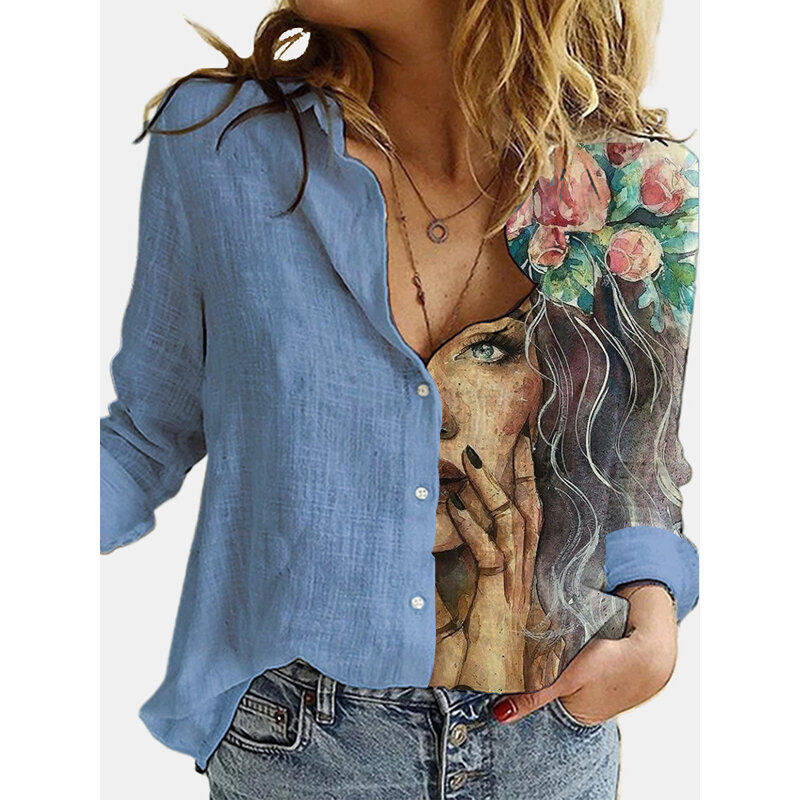 Женская винтажная блузка на пуговицах, с принтом на воротнике и длинным рукавом, осенняя повседневная одежда, 2020