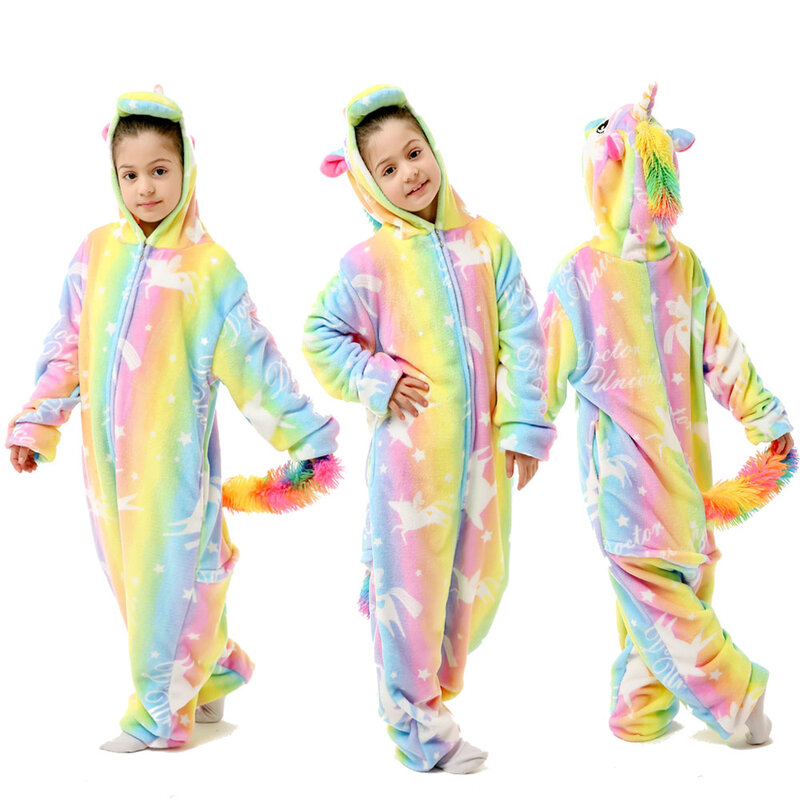 Dziewczyny jednorożec Kigurumi Stitch piżamy dla dzieci zima flanelowe Onesie piżamy dzieci dinozaur piżamy chłopcy Panda kombinezon