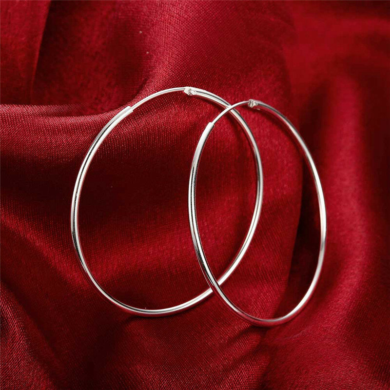 100% Pure 925 Sterling Silver Hoop Earrings For Women 50mm 60mm Round Circle Loop Simple Woman Silver Hoop Earrings