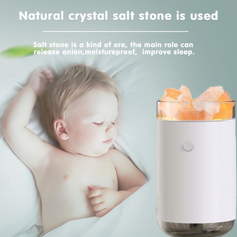 Humidificadores de aromaterapia portátiles, Humidificador ultrasónico de cristal de piedra de sal, USB, nebulizador fresco con hogar colorido, 260ML