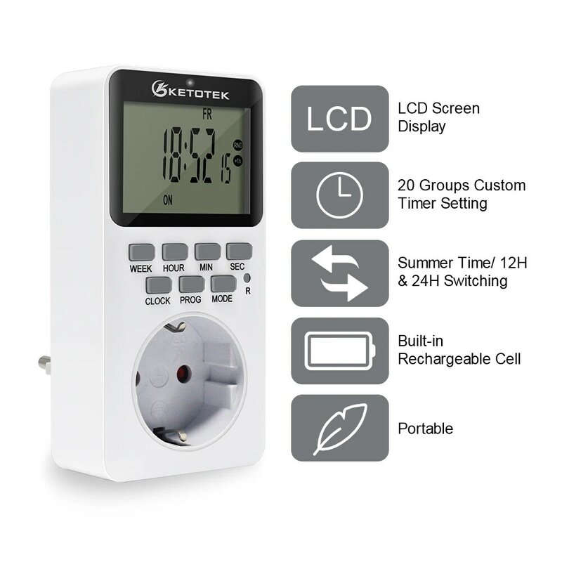 Ketotek Electronic Digital Timer Switch EU FR BR Plug Kitchen Timer Outlet 230V 50HZ 7 Day 12/24 Hour Programmable Timing Socket