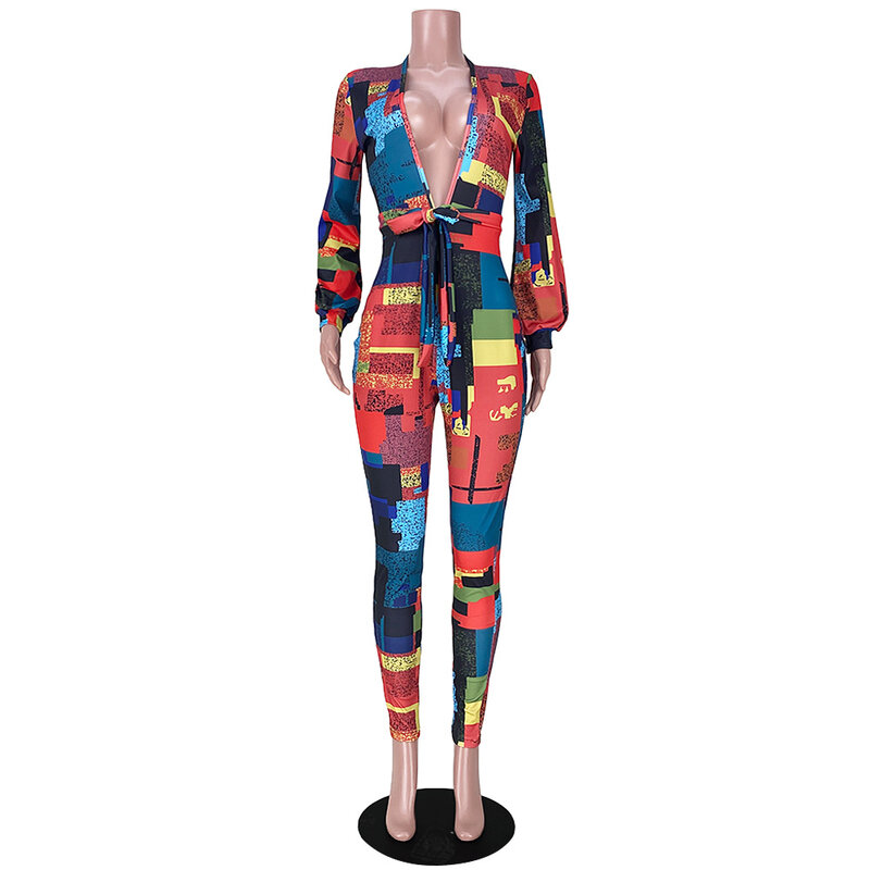 BKLD 2020 осень новая мода, v-образный вырез, открытая спина, красочные печатные бинты женские комбинезоны длинные брюки с низкой талией сексуальные вечерние ночной клуб наряды