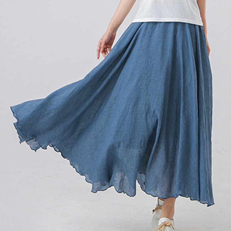 Maxifalda de lino y algodón de alta calidad para mujer, falda informal elástica de cintura alta, plisada, de playa, Bohemia