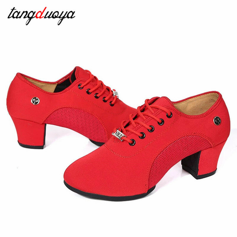 ผู้หญิงบอลรูมเต้นรำรองเท้า Soft Sole ผู้หญิง Tango เต้นรำรองเท้ากลางส้นสุภาพสตรี Non-Slip รองเท้าผ้าใบ