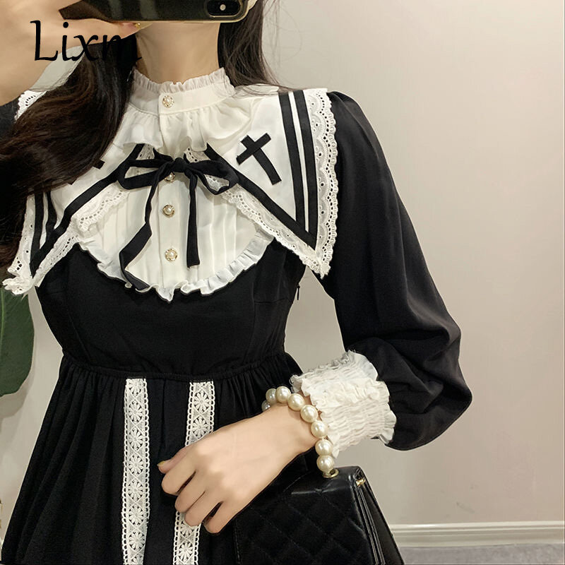 Gothic Lolita Retro Hepburn style little black dress super fairy navy collar ruffled dress long sleeve princess dress kawaii