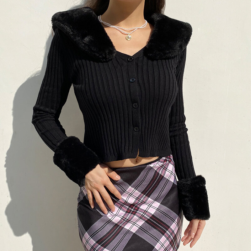 Suchcute 2020 streetwear moda mulher cardigan blusas com gola de pele guarnição coreano estilo casual feminino camisola cortada malha