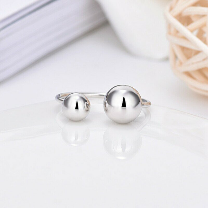 925 anéis abertos em prata esterlina para mulheres, bola de duas contas minimalista, joias geométricas simples da moda, moda vintage, novo
