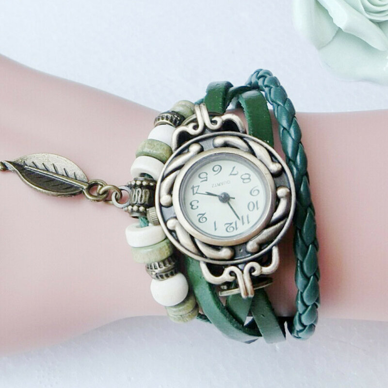女性のための色とりどりの革の腕時計,良質,ヴィンテージクォーツ時計,葉の贈り物