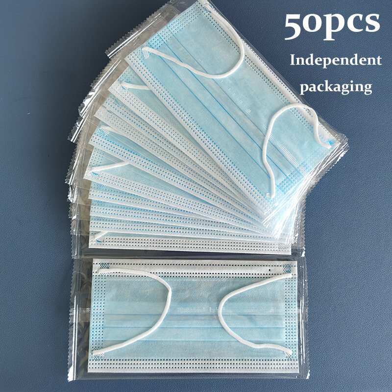 10/50/100pcs Disposable Mask Independent Packaging 3-Layer Filtration Non-Woven Breathable Alone Blue Adult Face Mouth Masks