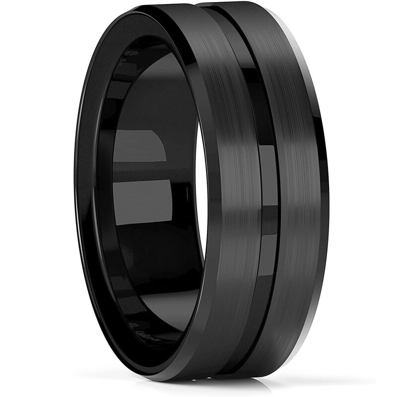 Fashion Men's 8mm Black Tungsten Wedding Rings Red Gold Groove Beveled Edge Brick Pattern Brushed Stainless Steel Rings For Men